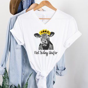 New Not today heifer sunflowers L large white v neck funny cow graphic t-shirt